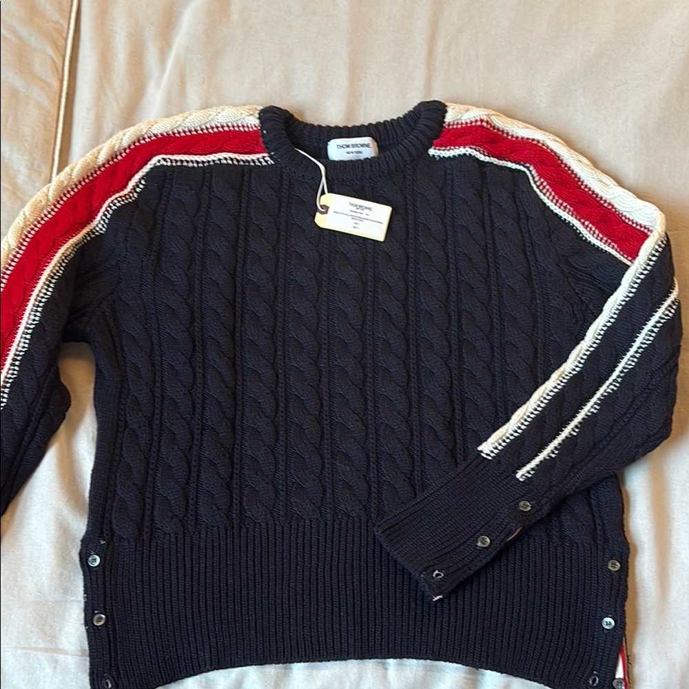 Thom Browne Navy Blue Cable Knit Sweater, size 4 men. Made in Ireland. 100% wool